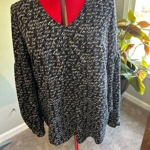 Cabi Navy and White Script Print Blouse